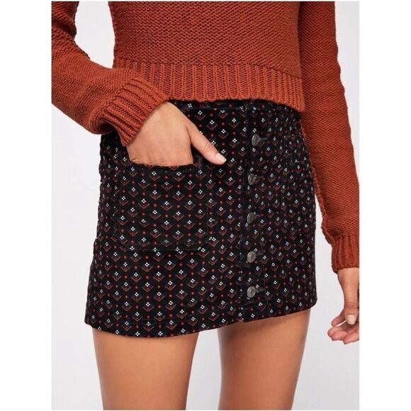 Free People We The Free Black Corduroy Joanie Printed Mini Skirt Size 29 - Picture 1 of 7
